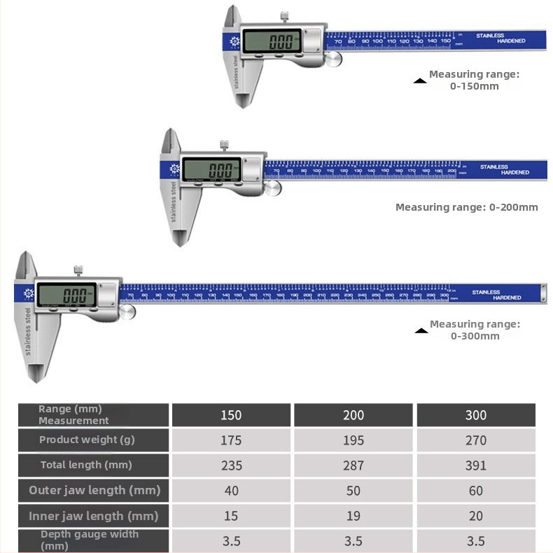 Digitālais kalipers no nerūsējošā tērauda ar lielu displeju, metāla vāciņu un dziļuma stieni
