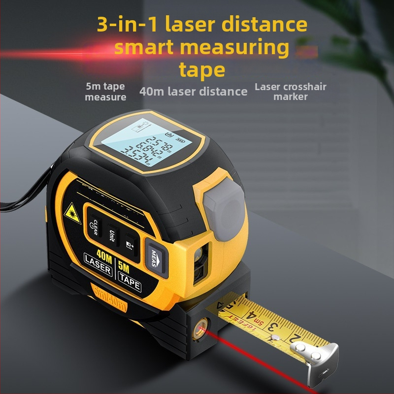 Trīskāršais lāzera attāluma mērītājs ar mērlenti un krustveida lāzeru iekšējiem mērījumiem