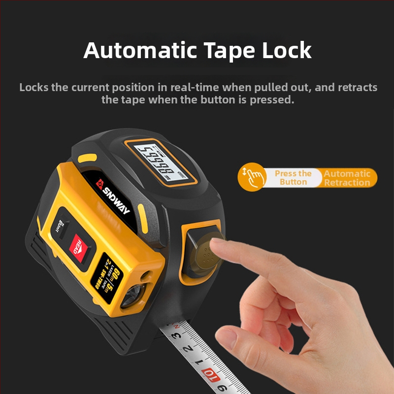 Μετρητής απόστασης με λέιζερ και μεταλλική ταινία με ψηφιακή οθόνη, μοντέλα SW-TM40A/SW-TM60A; μέτρηση με ταινία 5 m, λέιζερ 40–60 m, ακρίβεια ±2, βάρος 460 g