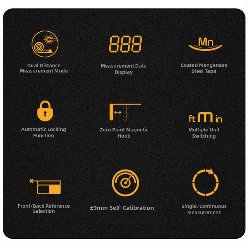 Μετρητής απόστασης με λέιζερ και μεταλλική ταινία με ψηφιακή οθόνη, μοντέλα SW-TM40A/SW-TM60A; μέτρηση με ταινία 5 m, λέιζερ 40–60 m, ακρίβεια ±2, βάρος 460 g