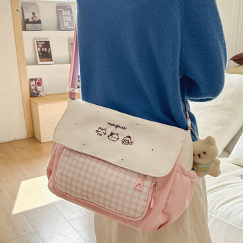 Studentska torba preko ramena od platna s prugastim uzorkom, otporna na habanje, podstava od poliesterom, unisex, za školu, zima 2025