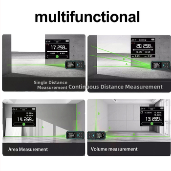 Ръчен лазерен далекомер с инфрачервено измерване, обхват 60–100 м, точност ±2 мм, работно напрежение 3,7 V, модели KE60BR/KE60BG/KE100BR/KE100BG