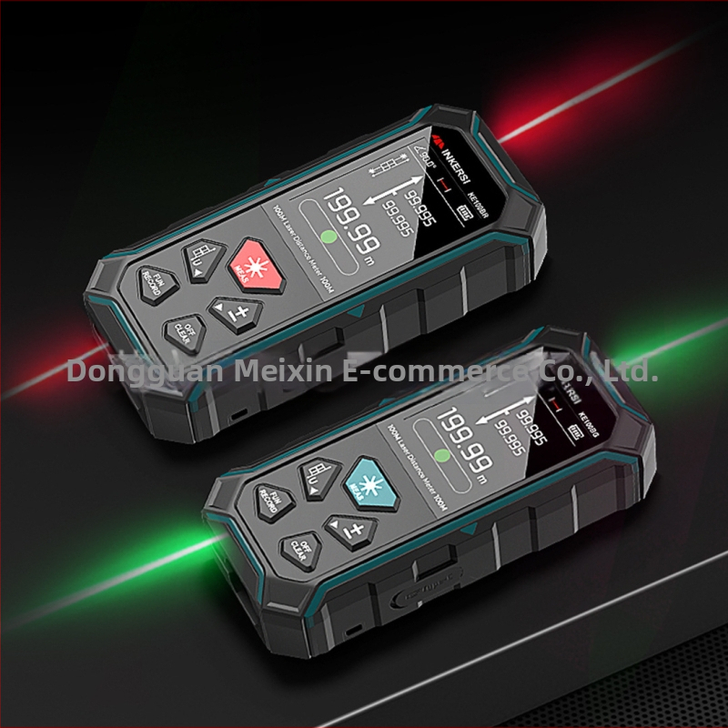 Ръчен лазерен далекомер с инфрачервено измерване, обхват 60–100 м, точност ±2 мм, работно напрежение 3,7 V, модели KE60BR/KE60BG/KE100BR/KE100BG