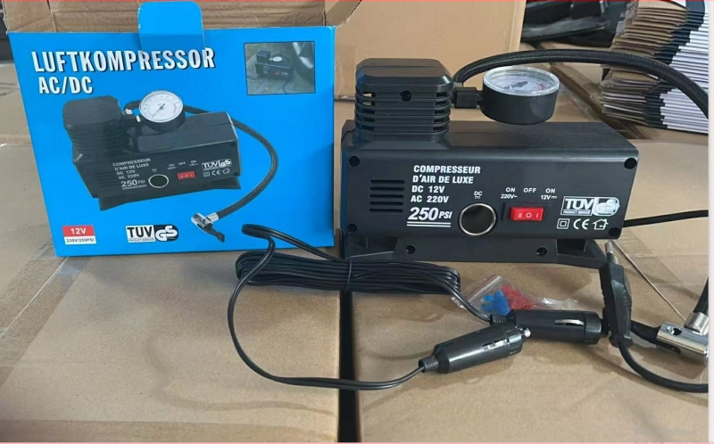 Automobilová vzduchová pumpa, jednocyklová, 12V, 220W, 25 L/min, 3 m kábel, tlakomer na pneumatiky