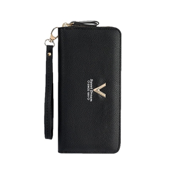 Portofel dama clutch cu fermoar dublu, PU, model Pebble, capacitate mare, două compartimente cu buzunar pentru telefon