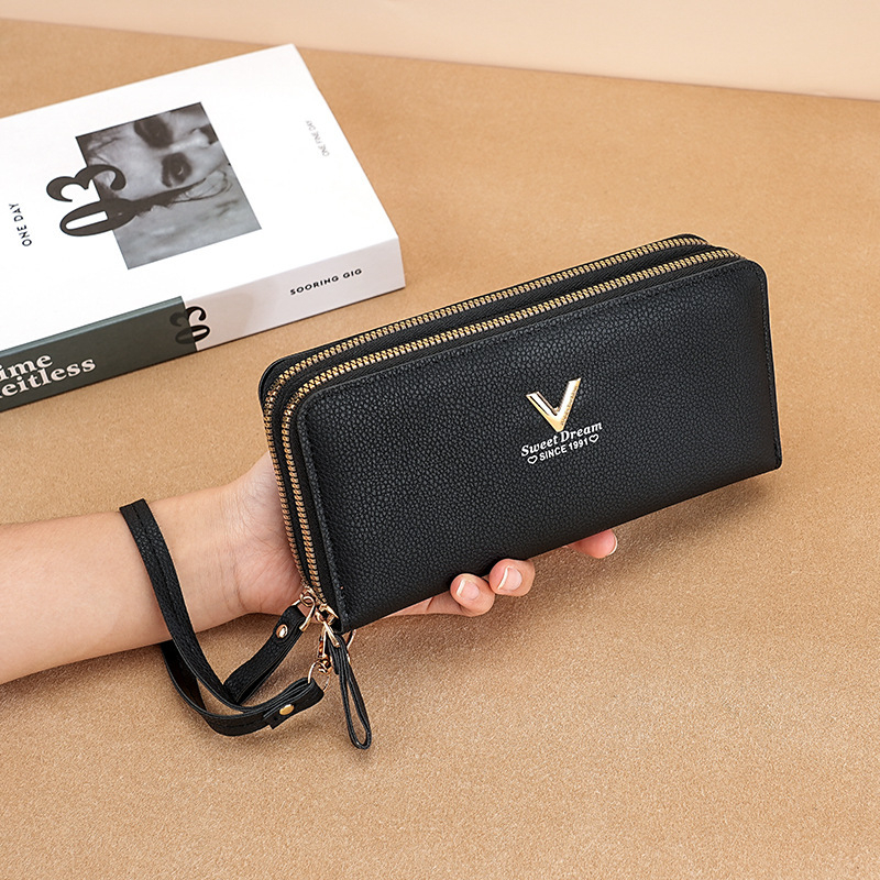 Portofel dama clutch cu fermoar dublu, PU, model Pebble, capacitate mare, două compartimente cu buzunar pentru telefon