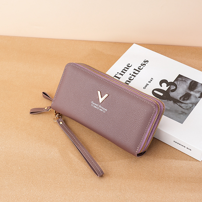 Portofel dama clutch cu fermoar dublu, PU, model Pebble, capacitate mare, două compartimente cu buzunar pentru telefon