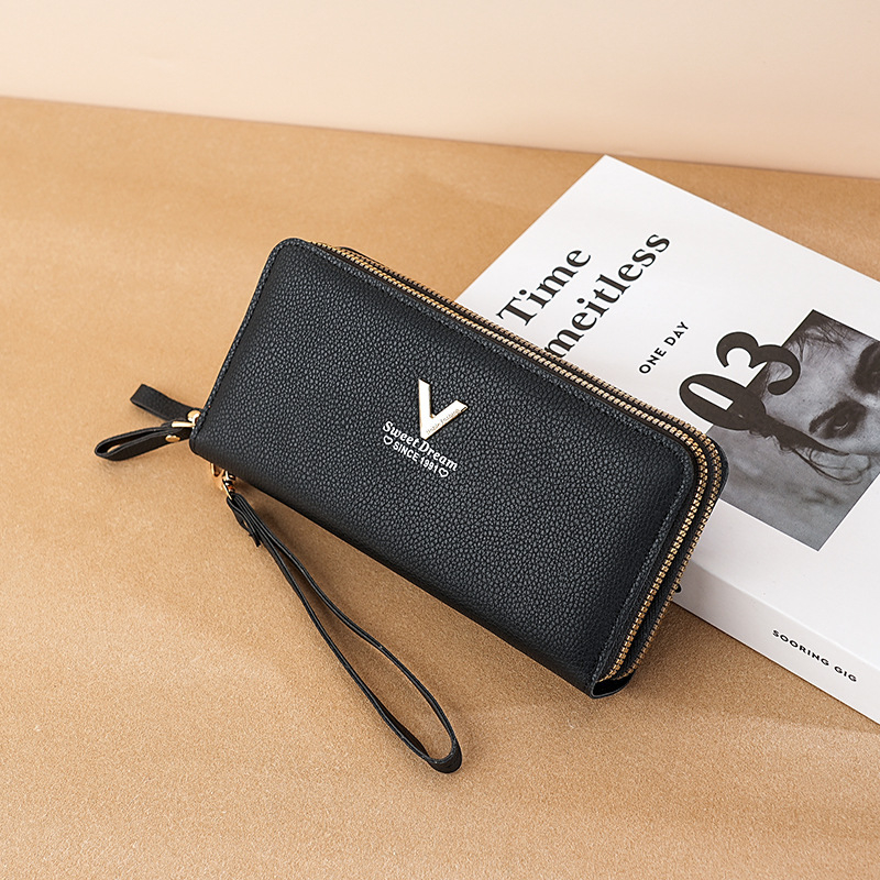 Portofel dama clutch cu fermoar dublu, PU, model Pebble, capacitate mare, două compartimente cu buzunar pentru telefon