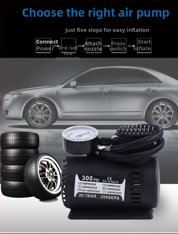 12V mini nafukovač pneumatík do auta s manometrom, 100W, 25 L/min, napájanie z cigaretového zapaľovača