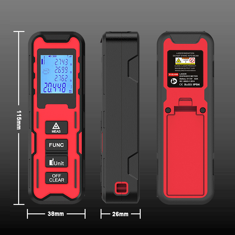 Ručni laserski mjerač udaljenosti, raspon 0,05–80 m, točnost 1 mm, IP54 prašini otporno i otporno na prskanje, vrijeme mjerenja 0,03–3 s, težina 60 g