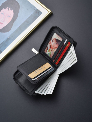 Portofel scurt din PU, cu buzunar pentru monede cu fermoar, model în dungi, spațiu mare pentru mai multe carduri