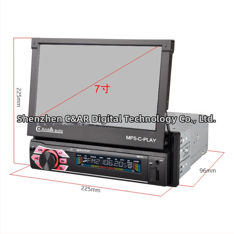 Automobijski MP5 player s LCD zaslonom, model 9601CM, napajanje 12-24V DC, utor za miniSD karticu, Bluetooth za hands-free pozive, USB povezivanje