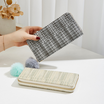 Női clutch-tárca cipzárral, szövött kockás mintázat, PU anyag, zsebek telefonhoz és személyi igazolványhoz, belső réteg