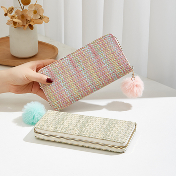 Női clutch-tárca cipzárral, szövött kockás mintázat, PU anyag, zsebek telefonhoz és személyi igazolványhoz, belső réteg