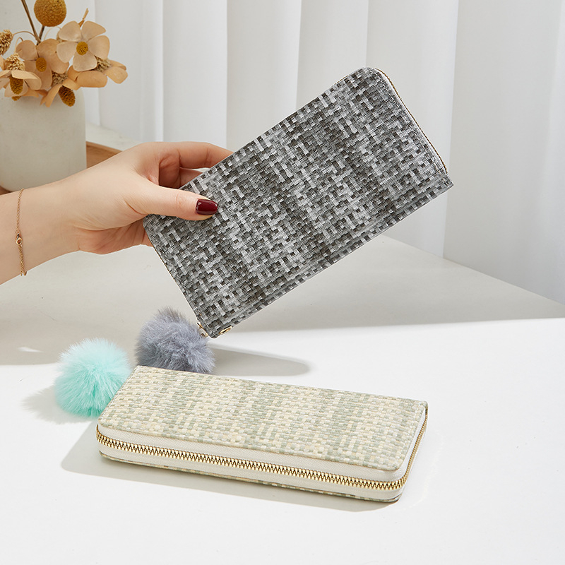 Női clutch-tárca cipzárral, szövött kockás mintázat, PU anyag, zsebek telefonhoz és személyi igazolványhoz, belső réteg