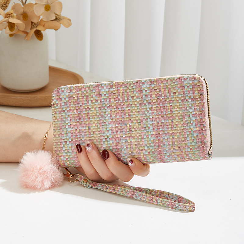 Női clutch-tárca cipzárral, szövött kockás mintázat, PU anyag, zsebek telefonhoz és személyi igazolványhoz, belső réteg