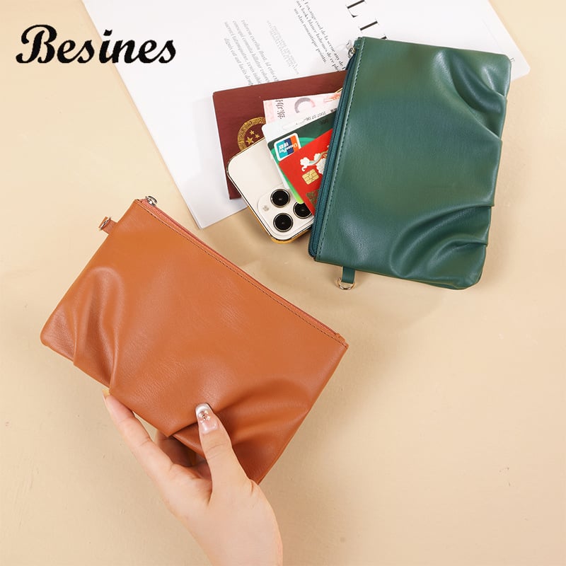 Дамски ретро клъч с плисирани гънки, висок клас PU кожа, вертикална квадратна форма, цип и джоб за документи