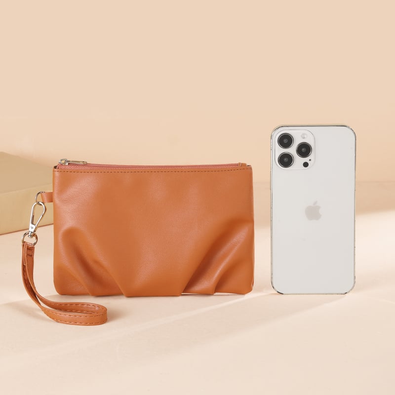 Дамски ретро клъч с плисирани гънки, висок клас PU кожа, вертикална квадратна форма, цип и джоб за документи