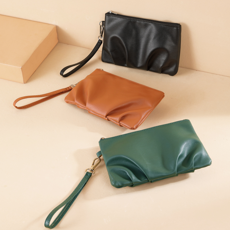 Дамски ретро клъч с плисирани гънки, висок клас PU кожа, вертикална квадратна форма, цип и джоб за документи