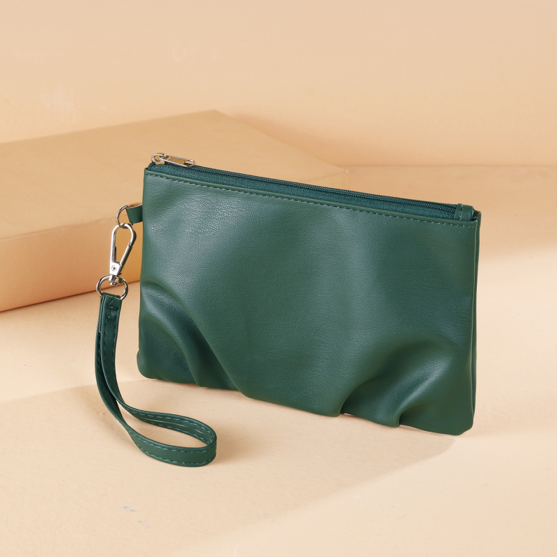 Дамски ретро клъч с плисирани гънки, висок клас PU кожа, вертикална квадратна форма, цип и джоб за документи