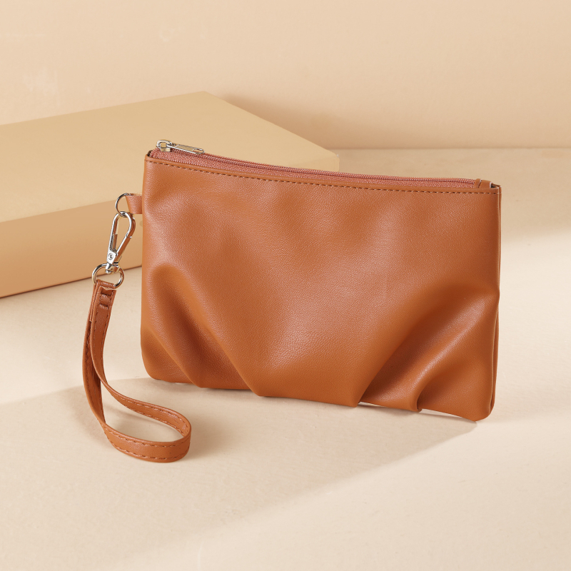 Дамски ретро клъч с плисирани гънки, висок клас PU кожа, вертикална квадратна форма, цип и джоб за документи