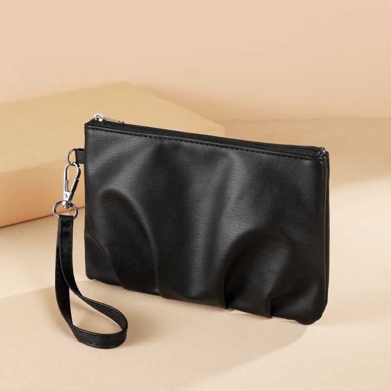 Дамски ретро клъч с плисирани гънки, висок клас PU кожа, вертикална квадратна форма, цип и джоб за документи