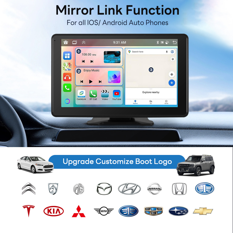 9-inčni bežični CarPlay GPS navigacijski sustav za ogledalo retrovizora, s Wi-Fi, podrška TF kartici do 256GB, napajanje 12–24V DC, DDR2 64MB ugrađena memorija