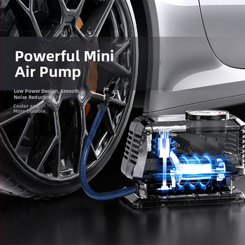 Mini prenosná pumpa do auta s manometrom na pneumatiky (12V, napájanie zo zásuvky, 30 L/min, >20 min prevádzky, 530 g, ukazovateľ)