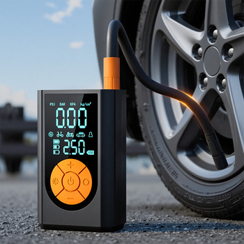 Φορητή αντλία αέρα αυτοκινήτου και ποδηλάτου με ασύρματη διπλή οθόνη; μονoκυλινδρική, 12 V, 100 W, 25 L/min, μπαταρία λιθίου