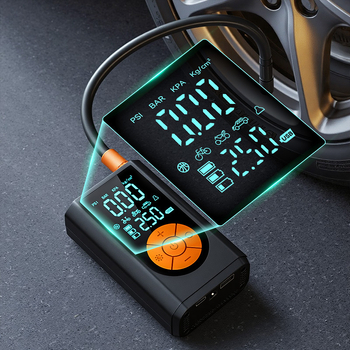 Φορητή αντλία αέρα αυτοκινήτου και ποδηλάτου με ασύρματη διπλή οθόνη; μονoκυλινδρική, 12 V, 100 W, 25 L/min, μπαταρία λιθίου