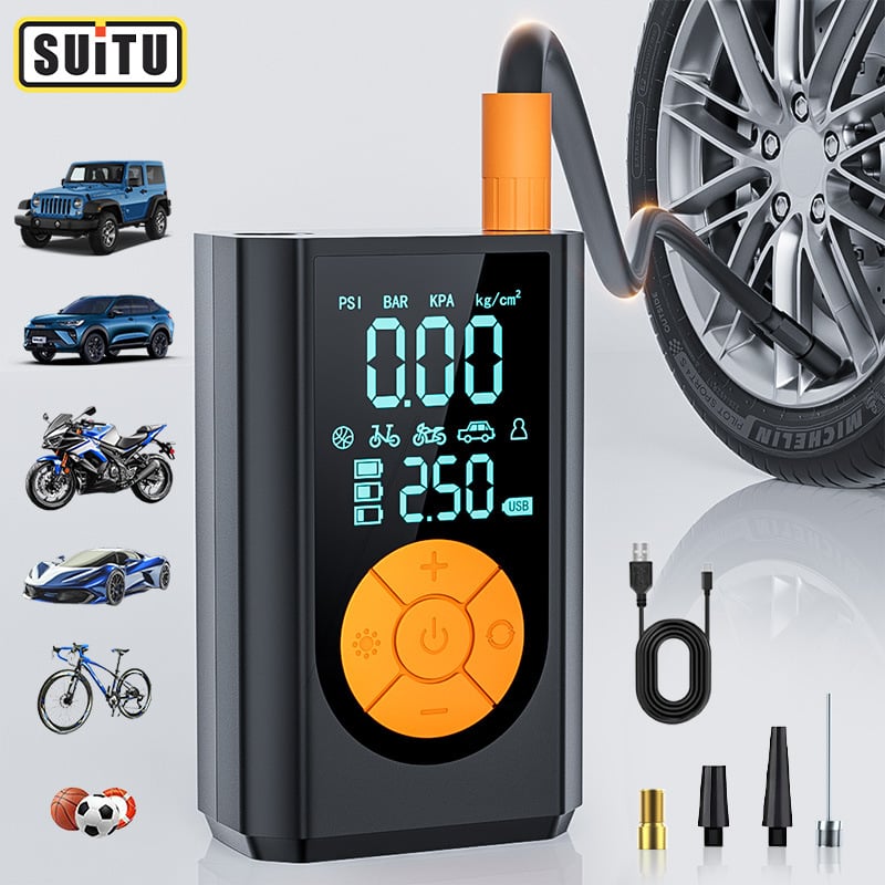 Φορητή αντλία αέρα αυτοκινήτου και ποδηλάτου με ασύρματη διπλή οθόνη; μονoκυλινδρική, 12 V, 100 W, 25 L/min, μπαταρία λιθίου