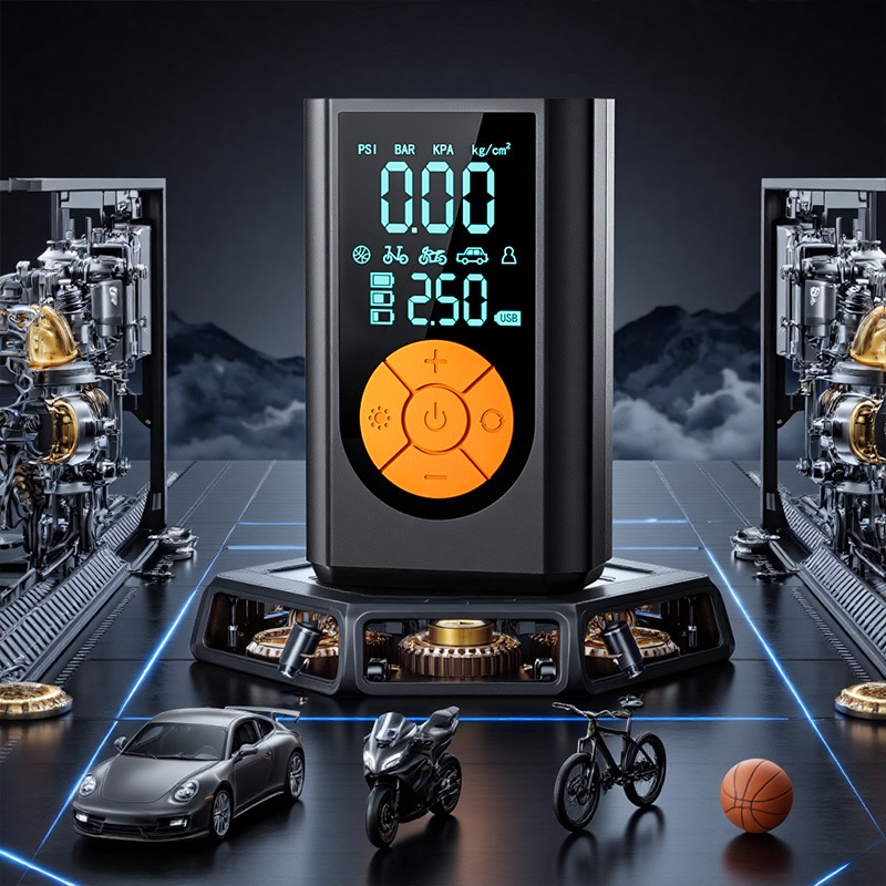 Φορητή αντλία αέρα αυτοκινήτου και ποδηλάτου με ασύρματη διπλή οθόνη; μονoκυλινδρική, 12 V, 100 W, 25 L/min, μπαταρία λιθίου