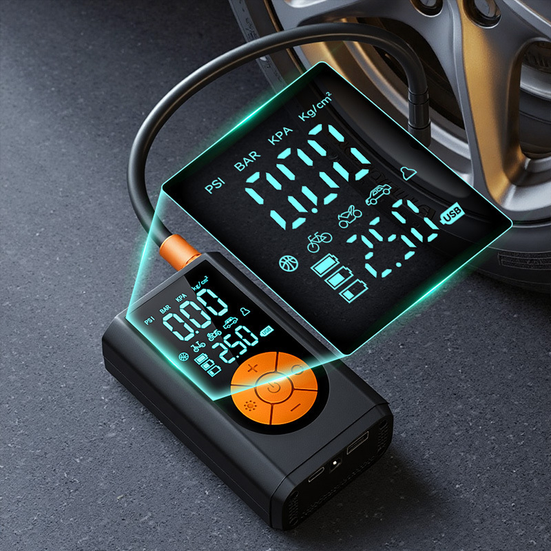 Φορητή αντλία αέρα αυτοκινήτου και ποδηλάτου με ασύρματη διπλή οθόνη; μονoκυλινδρική, 12 V, 100 W, 25 L/min, μπαταρία λιθίου