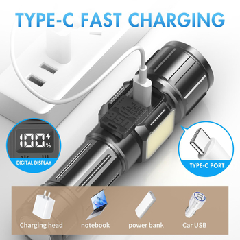 Prijenosna svjetiljka s laserskim LED-om i COB, 10W, USB-C punjenje, kućište od aluminijske legure, domet ≥500 m