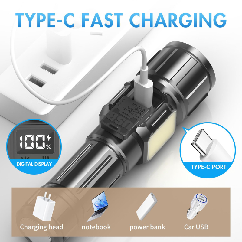 Prijenosna svjetiljka s laserskim LED-om i COB, 10W, USB-C punjenje, kućište od aluminijske legure, domet ≥500 m