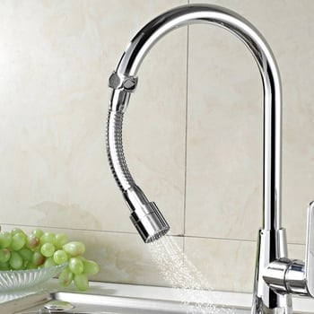 Univerzalni okretni izljev slavine s proširenim izljeva, od nehrđajućeg čelika; jednostruka konstrukcija; keramičko jezgro ventila; elektroplatirani završni sloj