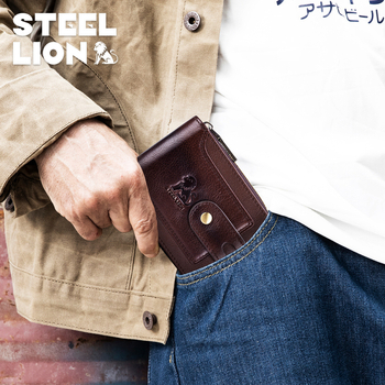 Steel Lion muški novčanik od prave kože prvog sloja, džep za kovanice sa zipom, velik kapacitet, retro stil Europi i Americi
