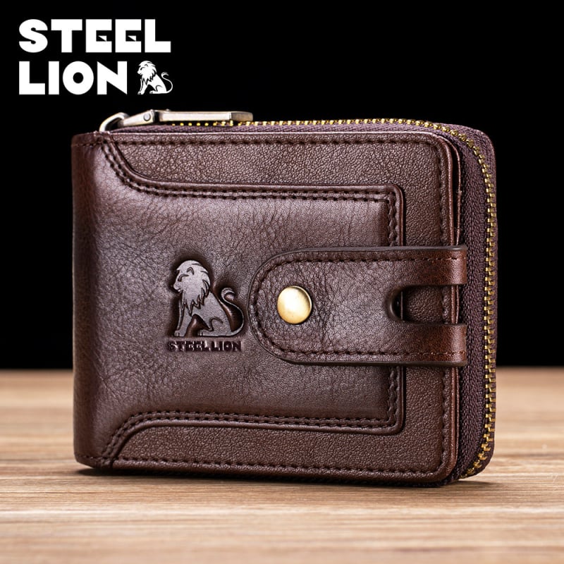 Steel Lion muški novčanik od prave kože prvog sloja, džep za kovanice sa zipom, velik kapacitet, retro stil Europi i Americi