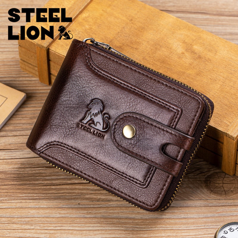 Steel Lion muški novčanik od prave kože prvog sloja, džep za kovanice sa zipom, velik kapacitet, retro stil Europi i Americi