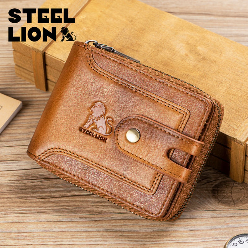 Steel Lion muški novčanik od prave kože prvog sloja, džep za kovanice sa zipom, velik kapacitet, retro stil Europi i Americi