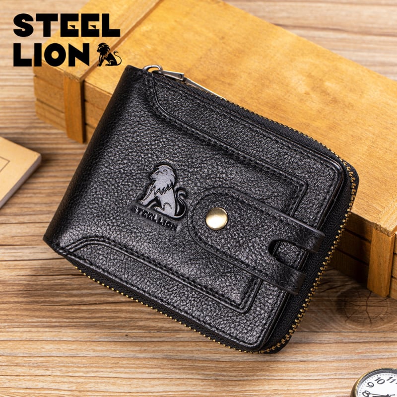 Steel Lion muški novčanik od prave kože prvog sloja, džep za kovanice sa zipom, velik kapacitet, retro stil Europi i Americi