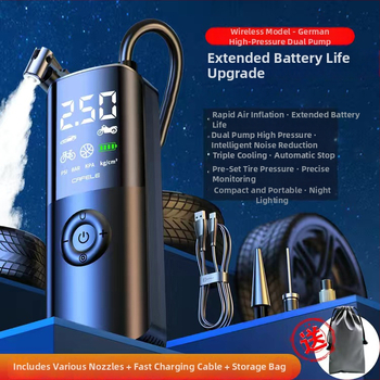 Bezdrôtový kompresor na auto, kompaktný a prenosný s LED osvetlením a digitálnym displejom; tlakoměr pre pneumatiky a USB nabíjanie, 12V DC, 180W