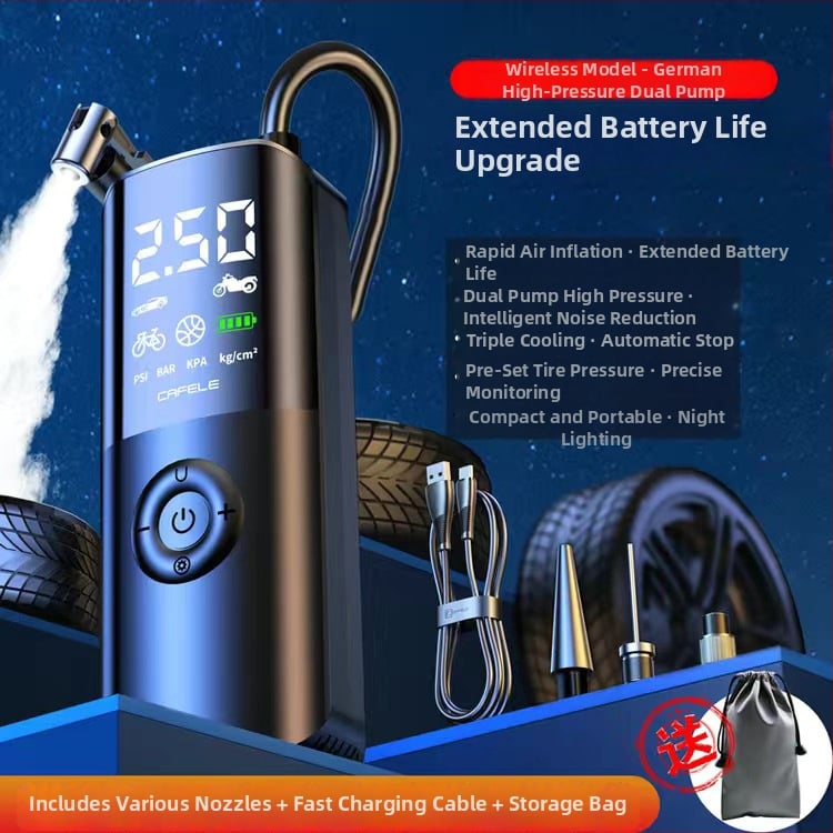 Bezdrôtový kompresor na auto, kompaktný a prenosný s LED osvetlením a digitálnym displejom; tlakoměr pre pneumatiky a USB nabíjanie, 12V DC, 180W