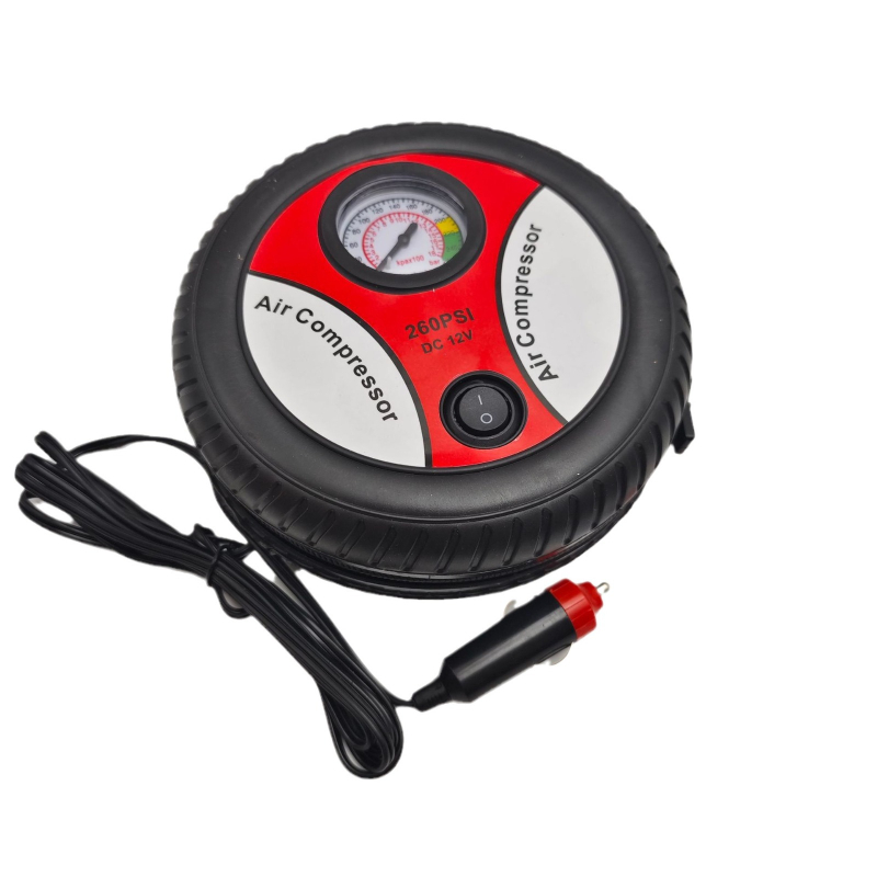 Φορητή ηλεκτρική αντλία αέρα αυτοκινήτου – 12V, 120W, 70 L/min, μονοκύλινδρη, με μετρητή πίεσης ελαστικού