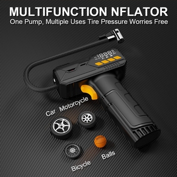 Pompa de aer fără fir pentru mașină cu afișaj digital, reîncărcabilă, 12V, 80W, 30 L/min, portabil pentru mașini și biciclete