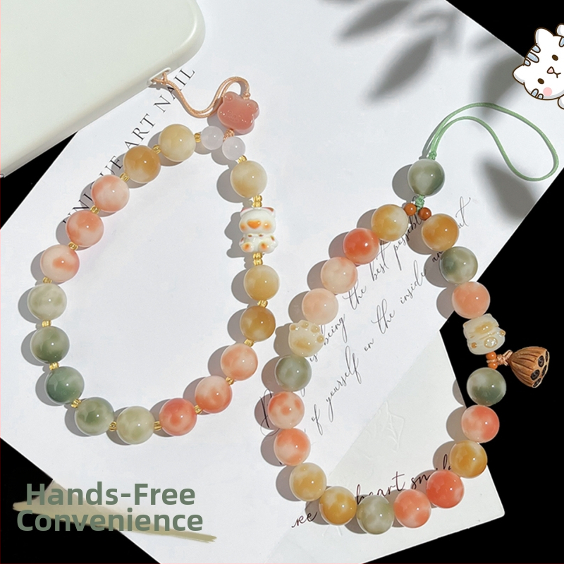 Brățară Bodhi cu mărgele rotunde, șnur pentru telefon și pandantiv pentru chei, finisaj lustruit, stil proaspăt drăguț