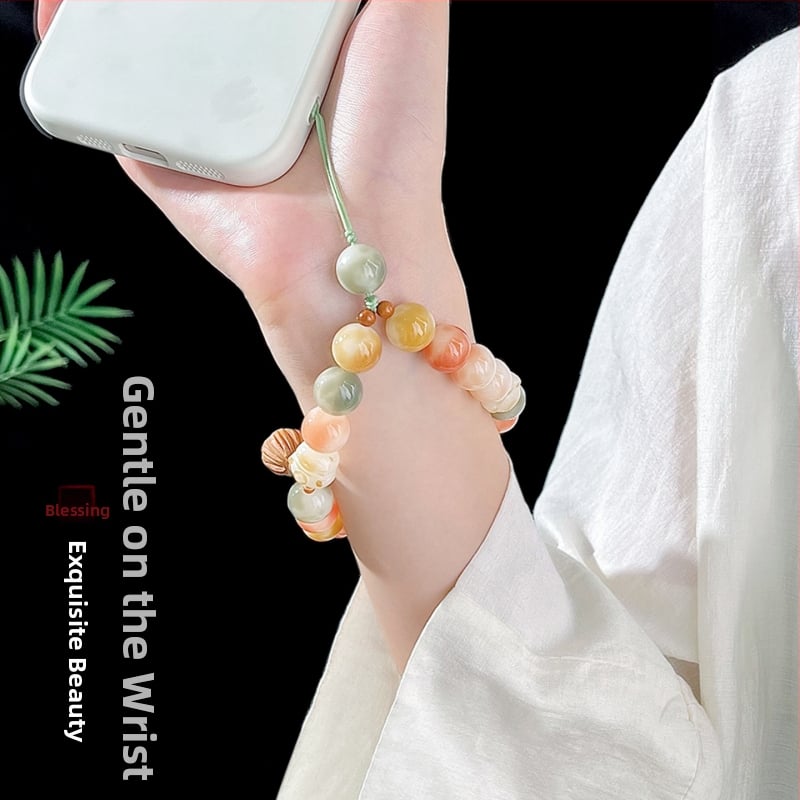 Brățară Bodhi cu mărgele rotunde, șnur pentru telefon și pandantiv pentru chei, finisaj lustruit, stil proaspăt drăguț