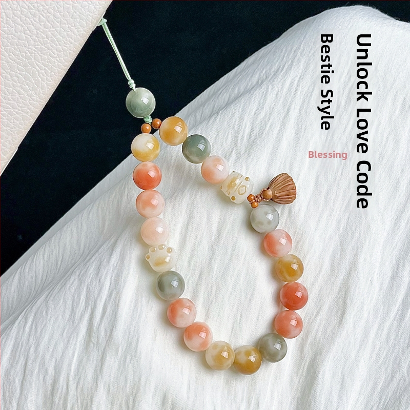 Brățară Bodhi cu mărgele rotunde, șnur pentru telefon și pandantiv pentru chei, finisaj lustruit, stil proaspăt drăguț