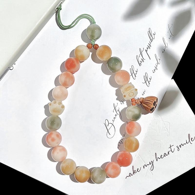 Brățară Bodhi cu mărgele rotunde, șnur pentru telefon și pandantiv pentru chei, finisaj lustruit, stil proaspăt drăguț