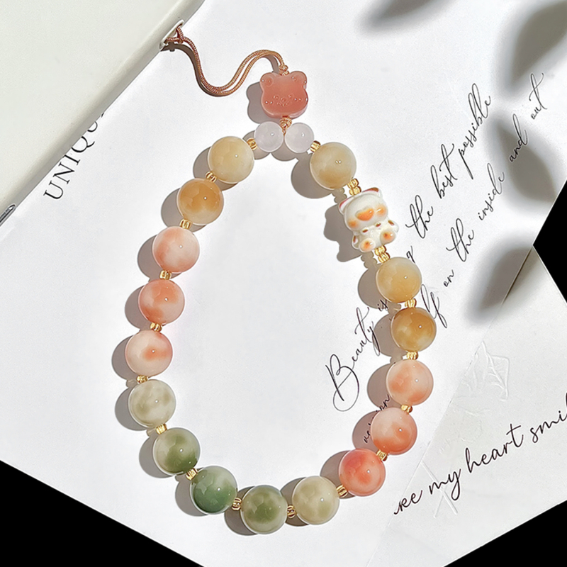 Brățară Bodhi cu mărgele rotunde, șnur pentru telefon și pandantiv pentru chei, finisaj lustruit, stil proaspăt drăguț